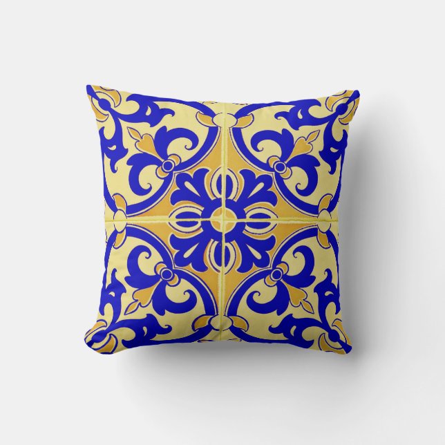 Traditional Portuguese Azulejo Tile | yellow blue Throw Pillow (Front)