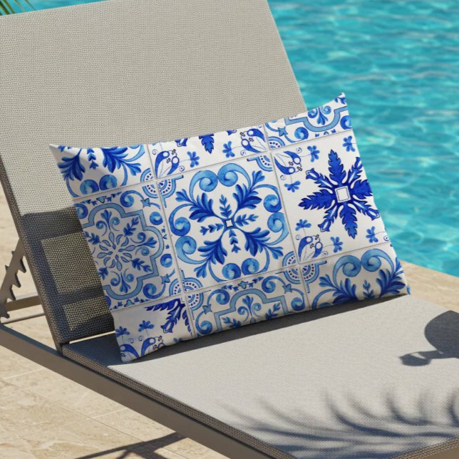 Traditional Portuguese Tile Pattern Blue White Lumbar Pillow (Creator Uploaded)