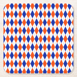 Traditional Preppy Argyle in Orange and Blue Square Paper Coaster