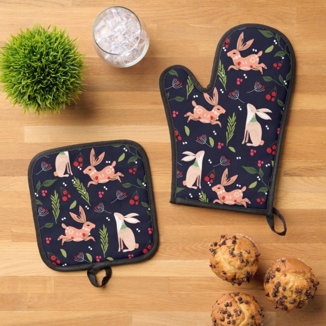 Traditional Rabbit Illustration Oven Mitt & Pot Holder Set (Top Down)