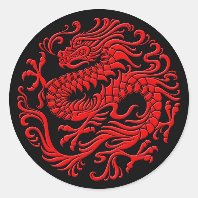 Traditional Red and Black Chinese Dragon Circle Classic Round Sticker (Front)