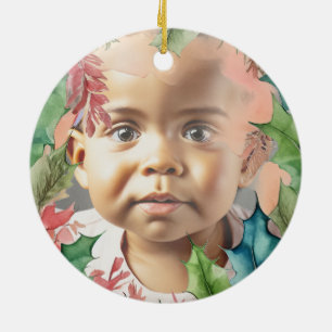 Traditional Red and Green Christmas Holiday Photo Ceramic Ornament