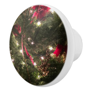 Traditional Red and Green Christmas Tree Holiday Ceramic Knob