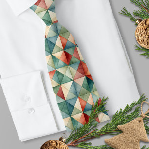 Traditional Red and Green Geometric Watercolor Tie