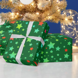 Traditional Red and Green Holiday Stars Pattern Wrapping Paper