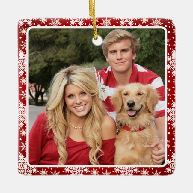Traditional Red and White Snowflakes Photo  Ceramic Ornament (Front)
