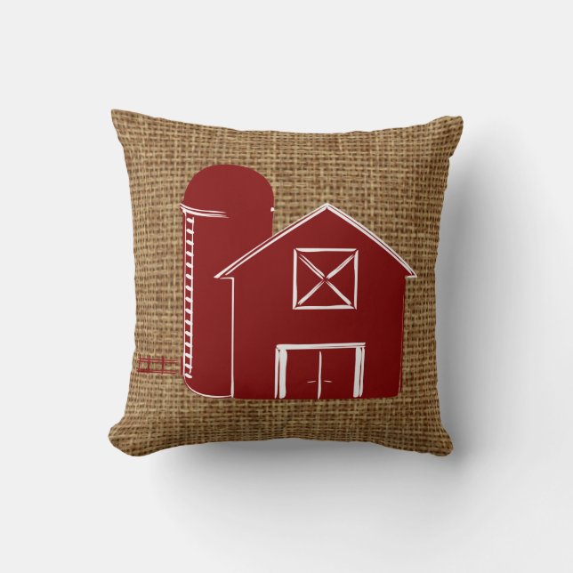 Traditional red barn with silo on faux burlap throw pillow (Front)