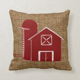 Traditional red barn with silo on faux burlap throw pillow