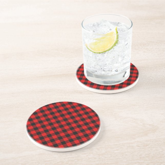 Traditional Red Black Buffalo Check Plaid Pattern Coaster (Side)