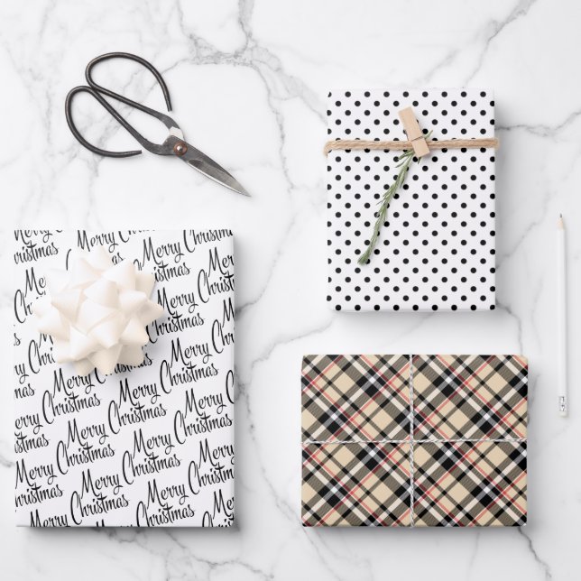 Traditional Red Black White Taupe Beige Plaid Wrapping Paper Sheet (Front)
