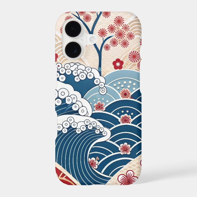 Traditional Red Blue Japanese Wave Sakura Pattern (Back)