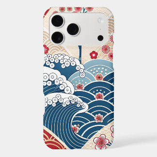 Traditional Red Blue Japanese Wave Sakura Pattern