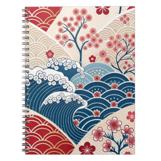 Traditional Red Blue Japanese Wave Sakura Pattern Notebook