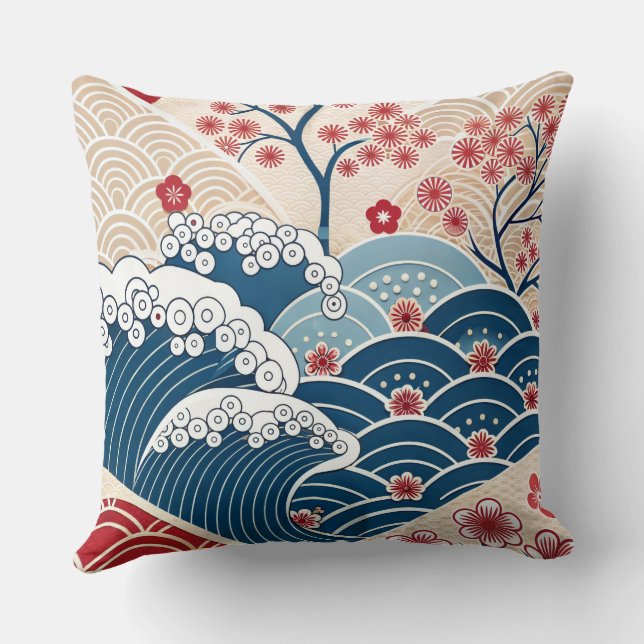 Traditional Red Blue Japanese Wave Sakura Pattern Throw Pillow (Back)