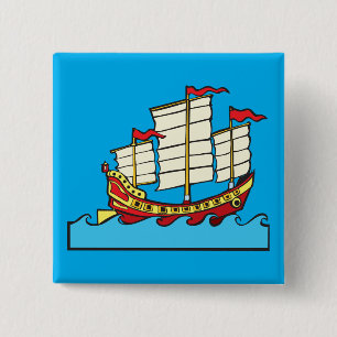 Traditional Red Chinese Junk Ship on Blue Waves 2 Inch Square Button