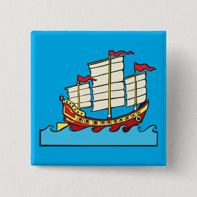 Traditional Red Chinese Junk Ship on Blue Waves 2 Inch Square Button (Front)