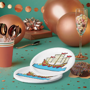 Traditional Red Chinese Junk Ship on Blue Waves Paper Plate