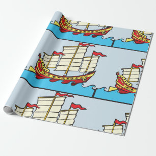 Traditional Red Chinese Junk Ship on Blue Waves Wrapping Paper