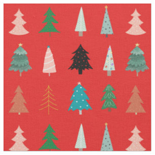 Traditional red Christmas pattern green trees pink Fabric