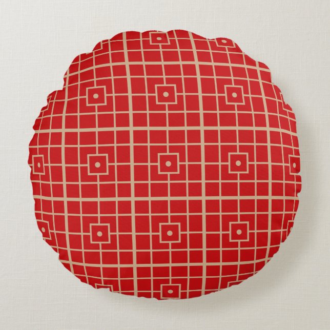 Traditional Red & Gold Chinese Geometric Pattern Round Pillow (Front)