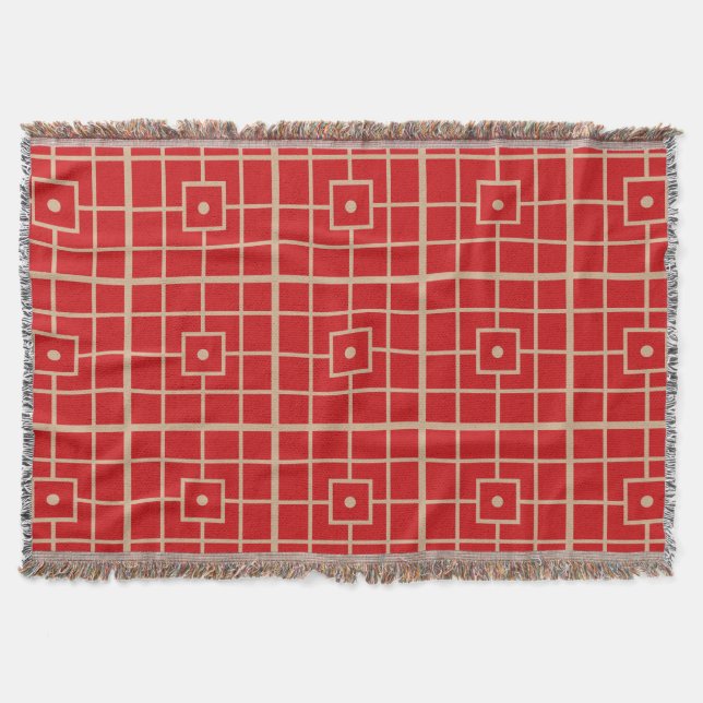 Traditional Red & Gold Chinese Geometric Pattern Throw Blanket (Front)