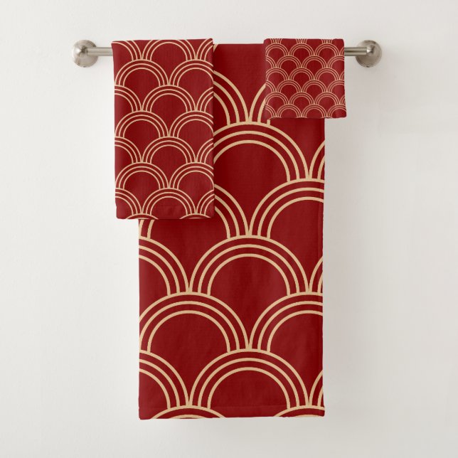 Traditional Red & Gold Chinese Pattern Bath Towel Set (Insitu)