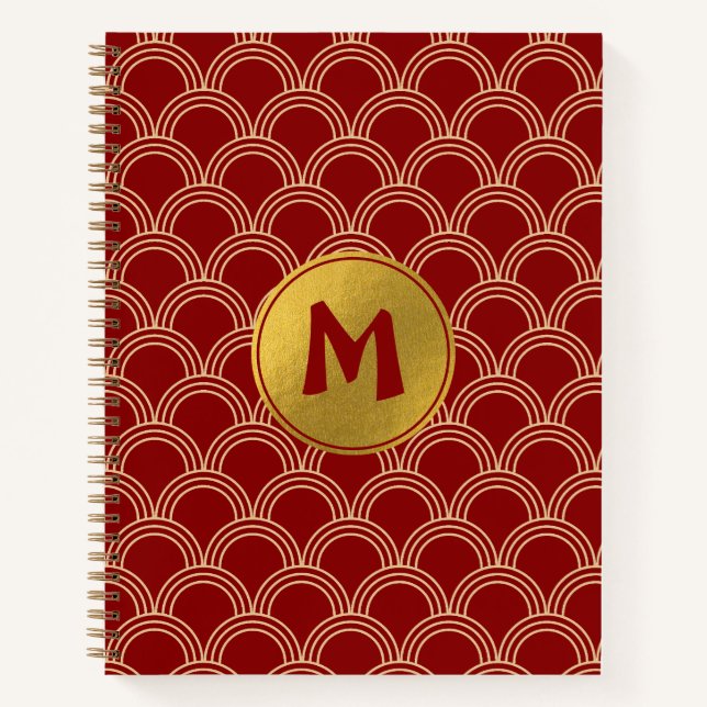 Traditional Red & Gold Chinese Pattern Monogram Notebook (Front)
