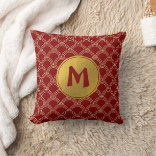 Traditional Red & Gold Chinese Pattern Monogram Throw Pillow
