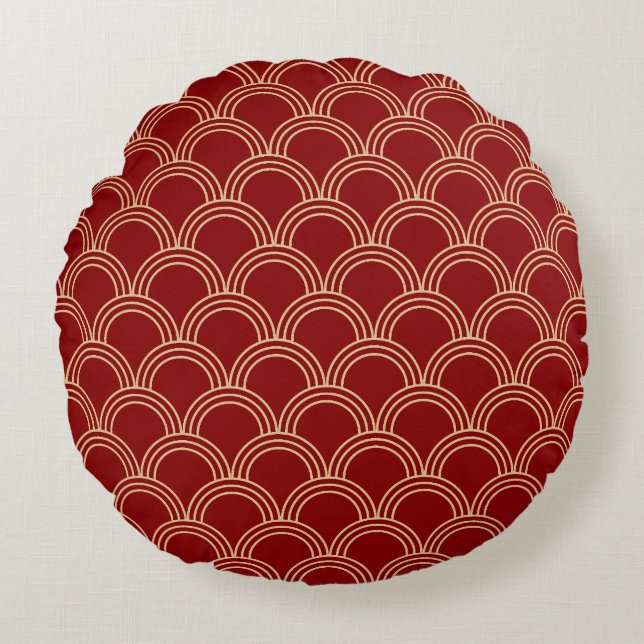 Traditional Red & Gold Chinese Pattern Round Pillow (Front)