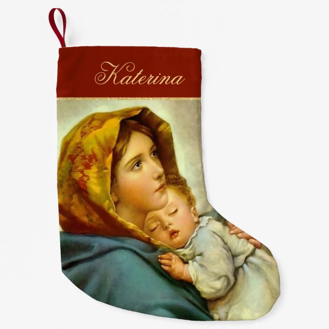 Traditional Red & Gold Madonna and Child Religious Small Christmas Stocking (Front)