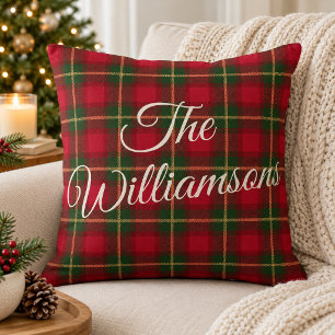 Traditional Red Green Christmas Plaid Family Name Throw Pillow