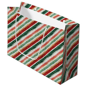 Traditional Red Green White Gold Stripes Christmas Large Gift Bag