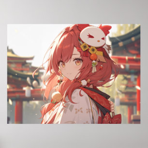 Traditional red haired anime girl at temple poster