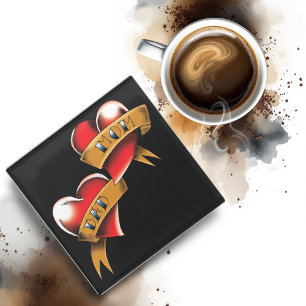 Traditional Red Heart Mom Dad Banner Tattoo Design Glass Coaster