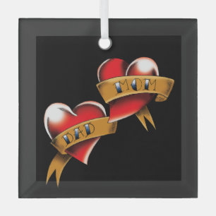 Traditional Red Heart Mom Dad Banner Tattoo Design Glass Ornament