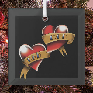Traditional Red Heart Mom Dad Banner Tattoo Design Glass Ornament