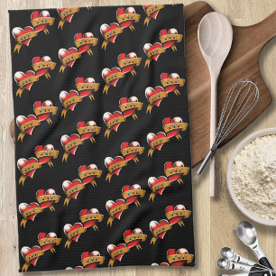Traditional Red Heart Mom Dad Banner Tattoo Design Kitchen Towel