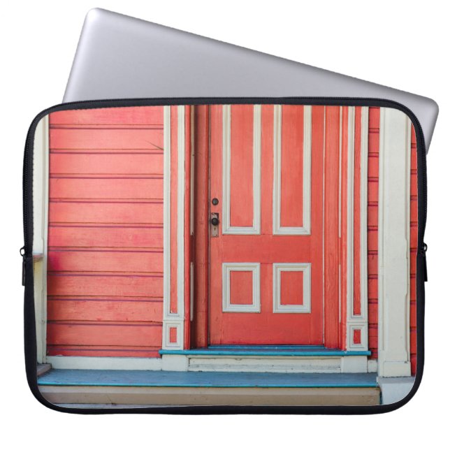 Traditional red painted wooden door and porchdoor, laptop sleeve (Front)