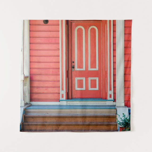 Traditional red painted wooden door and porchdoor, tapestry (Front)