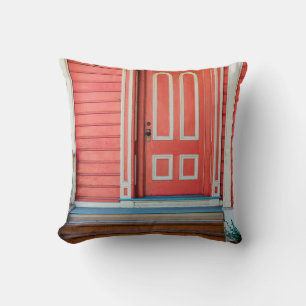 Traditional red painted wooden door and porchdoor, throw pillow