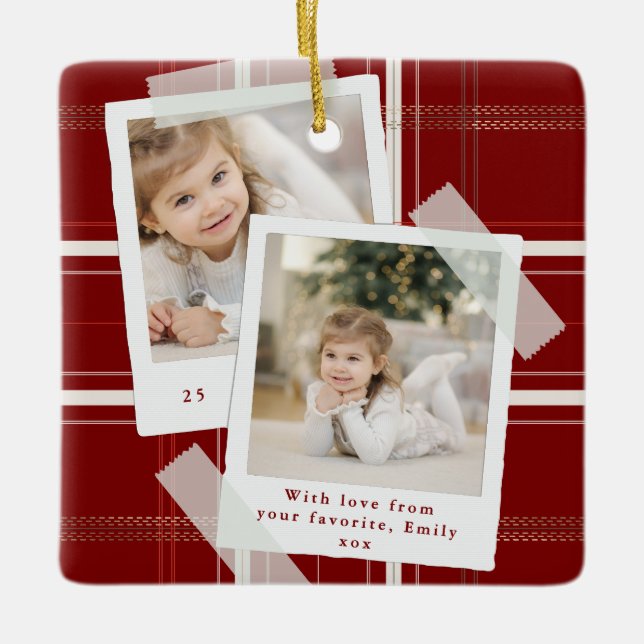 Traditional Red Plaid 2 Photo Keepsake Christmas Ceramic Ornament (Front)