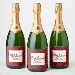 Traditional Red Plaid Custom Merry Christmas Party Sparkling Wine Label