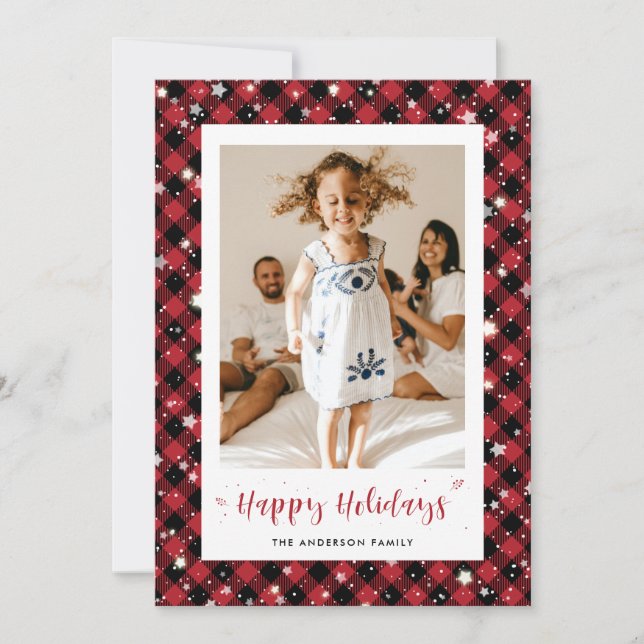 Traditional Red Plaid Photo Happy Holidays Card (Front)