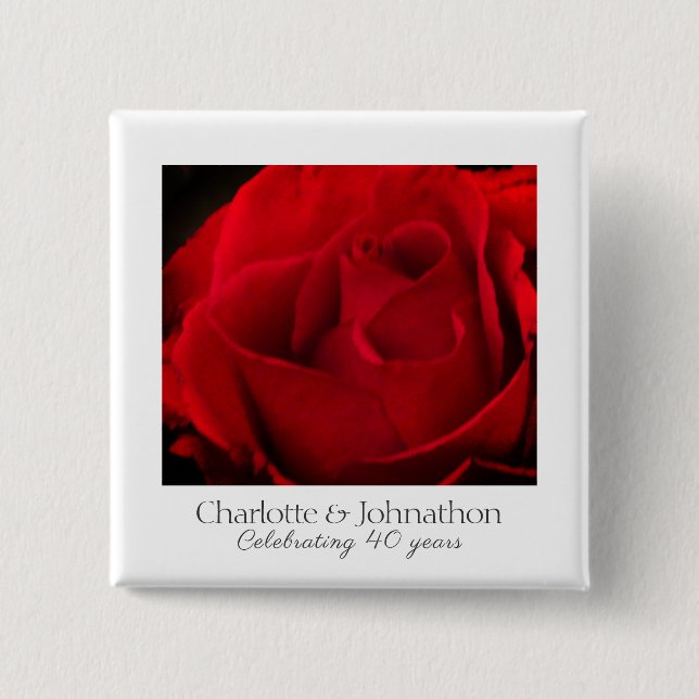 Traditional red rose 40th wedding anniversary 2 inch square button (Front)