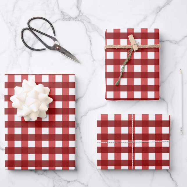 Traditional red white plaid Gingham grid pattern Wrapping Paper Sheet (Front)