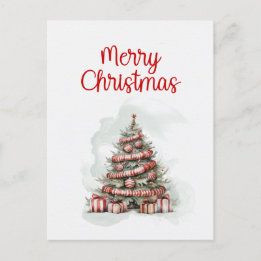 Traditional Red White Watercolor Christmas Tree Holiday Postcard