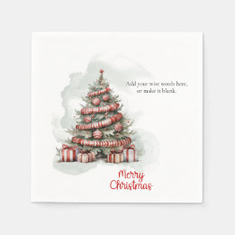 Traditional Red White Watercolor Christmas Tree Napkin