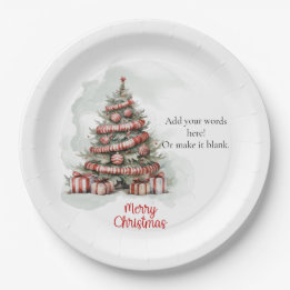 Traditional Red White Watercolor Christmas Tree Paper Plate