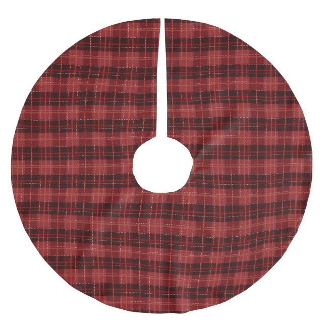 Traditional red wine gold tartan plaid pattern brushed polyester tree skirt (Front)
