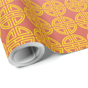 Traditional Red Yellow Chinese Longevity Motifs Wrapping Paper